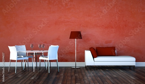 Illustration: Wohndesign - Sofa mit Esstisch rot weiss Wohndesign - Sofa mit Esstisch rot weiss