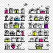 Вектор: Gift boxes on shelves, sketch drawing for your design Gift boxes on shelves, sketch drawing for your design