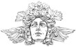 Woman's face with olive branches and flowers woven into the hair