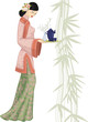 Chinese woman holding a tray with a tea set Chinese woman holding a tray with a tea set
