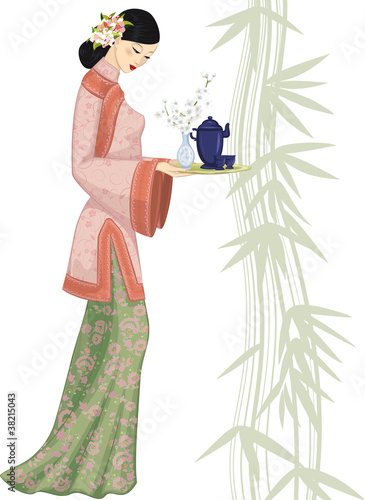 Vector: Chinese woman holding a tray with a tea set Chinese woman holding a tray with a tea set
