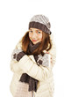 Freezing teenage girl on white background