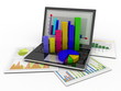 Laptop showing a spreadsheet and a paper with statistic charts,
