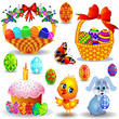 Illustration: peaster set with candle and basket with painted egg chicken and peaster set with candle and basket with painted egg chicken and