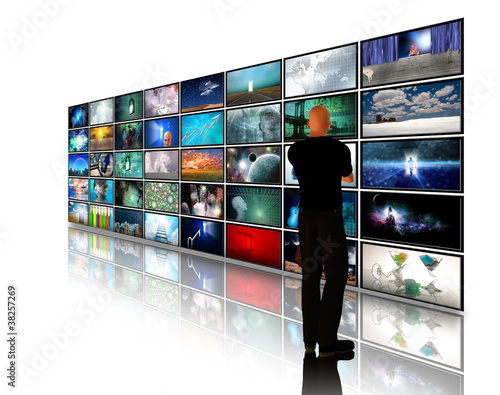 Illustration: Man viewing video displays Man viewing video displays