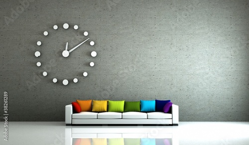 Photo: Wohndesign - Sfa mit bunten Kissen und Uhr Wohndesign - Sfa mit bunten Kissen und Uhr