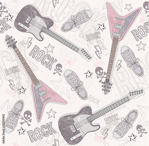 Vector: Cute grunge abstract pattern. Seamless pattern with guitars, sho Cute grunge abstract pattern. Seamless pattern with guitars, sho