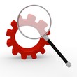 Lupe untersucht Zahnrad 3d