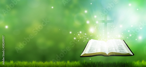 Illustration: Christian Banner with Bible and Cross Christian Banner with Bible and Cross