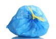 blue garbage bag with trash isolated on white