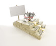 Small House on Stacks of Hundred Dollar Bills and Blank Sign