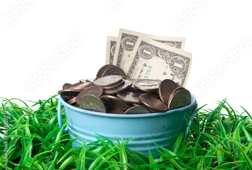 Photo: Bucket full of money on a patch of grass Bucket full of money on a patch of grass