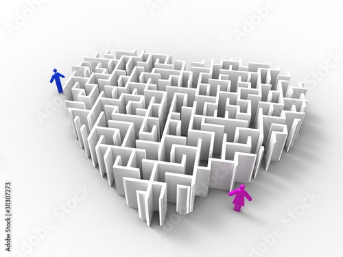 Illustration: a maze-like.heart and a couple on white background a maze-like.heart and a couple on white background