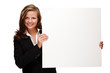 Young businesswoman behind empty board on white background