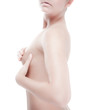 Woman examining her breast isolated on white background