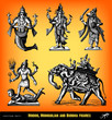Engraving vintage Hindoo statues set.