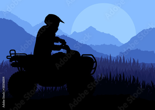Vector: All terrain vehicle quad motorbike riders in wild nature All terrain vehicle quad motorbike riders in wild nature