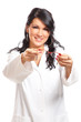 Optician woman giving glasses