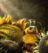 Oil bottle and sunflowers Oil bottle and sunflowers