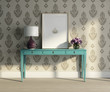 Vintage turqoise table, stylish interior baroque wallpaper