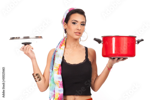 Photo: Beautiful young woman holding cooking pot Beautiful young woman holding cooking pot