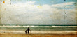 father and son playing together on the beach. Photo in old image