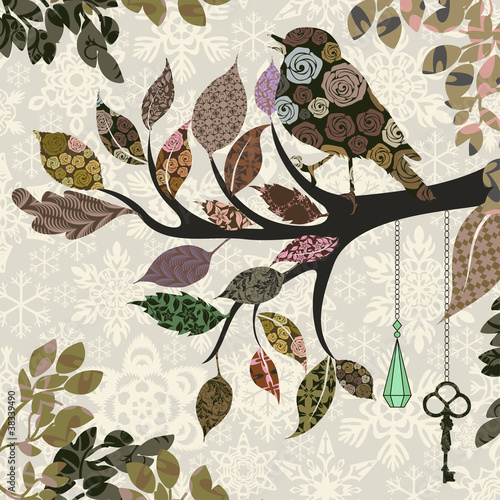 Vektor: Retro background of tree branch with leaves and bird of patches Retro background of tree branch with leaves and bird of patches
