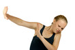 Young  girl making stop gesture on white background