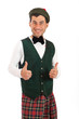 Expressive man in Scottish costume.