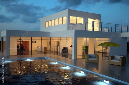 Illustration: Villa and Pool in the Evening Villa and Pool in the Evening