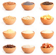 assortment of nuts and grits in the wooden bowl.
