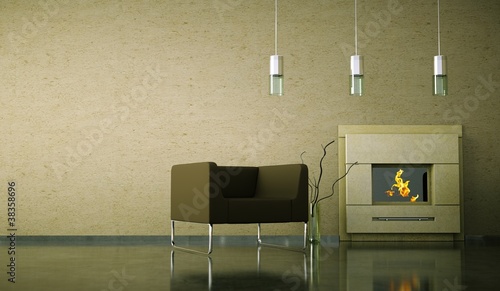 Illustration: Wohndesign - Sessel vor Kamin Wohndesign - Sessel vor Kamin