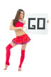 Foto: Cheerleader woman pointing her finger at a blank board Cheerleader woman pointing her finger at a blank board
