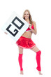 Foto: Cheerleader woman hold in hand board or blank sign Cheerleader woman hold in hand board or blank sign