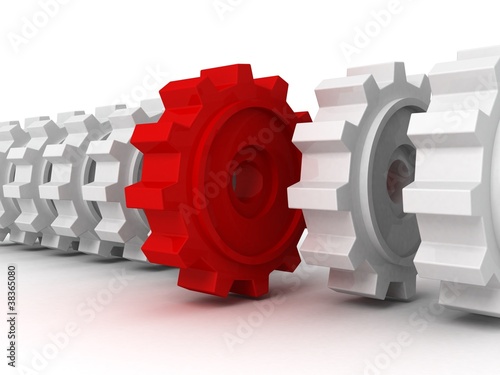 Illustration: red gear in row of white others. team work concept red gear in row of white others. team work concept