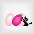 black kitty with big pink easter eggs - vector illustration