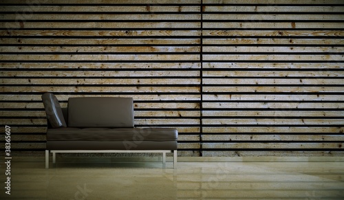 Photo: Wohndesign - braunes Ledersofa vor Holzwand Wohndesign - braunes Ledersofa vor Holzwand