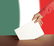Hand with ballot and box on Flag of Italy