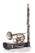 antique trumpet, clarinet and case isolated on white antique trumpet, clarinet and case isolated on white