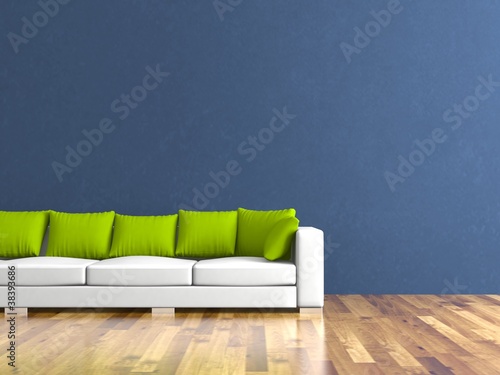 Illustration: Wohndesign - weisses Sofa mit grünen Kissen Wohndesign - weisses Sofa mit grünen Kissen