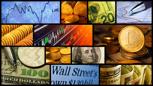 Photo: World finance system collage. World finance system collage.