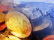 Finance background with coins, graph and world map.