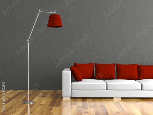 Illustration: Wohndesign - weisses Sofa vor grauer Wand Wohndesign - weisses Sofa vor grauer Wand