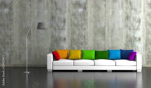 Illustration: Wohndesign - Sofa mit bunten Kissen vor Betonwand Wohndesign - Sofa mit bunten Kissen vor Betonwand
