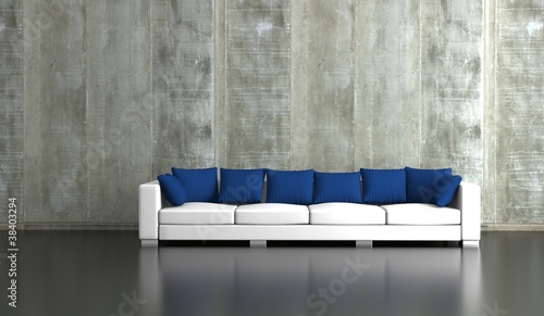 Illustration: Wohndesign - Sofa mit blauen Kissen vor Betonwand Wohndesign - Sofa mit blauen Kissen vor Betonwand