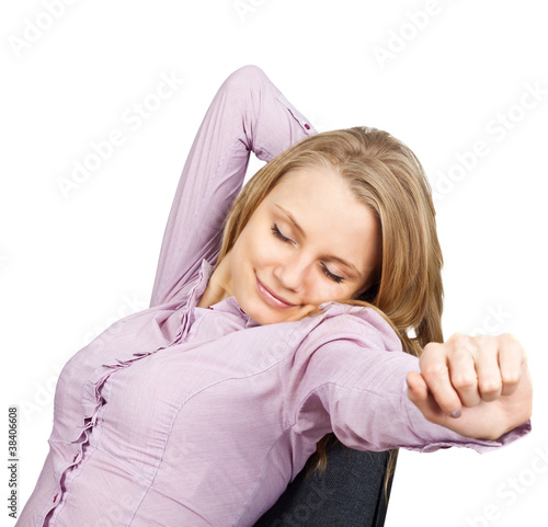 Photo: The business woman stretches The business woman stretches