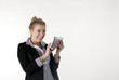 A young business woman is pleased with the Tablet PC A young business woman is pleased with the Tablet PC
