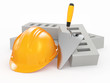Bricks, hardhat and trowel. 3d