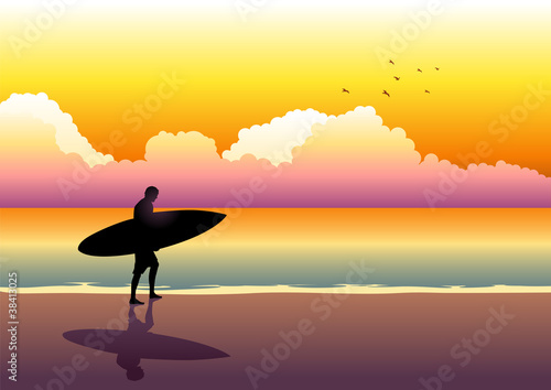 Vector: Illustration of a surfer walking at the beach during sunset Illustration of a surfer walking at the beach during sunset