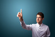 man pressing an imaginary button on bokeh man pressing an imaginary button on bokeh